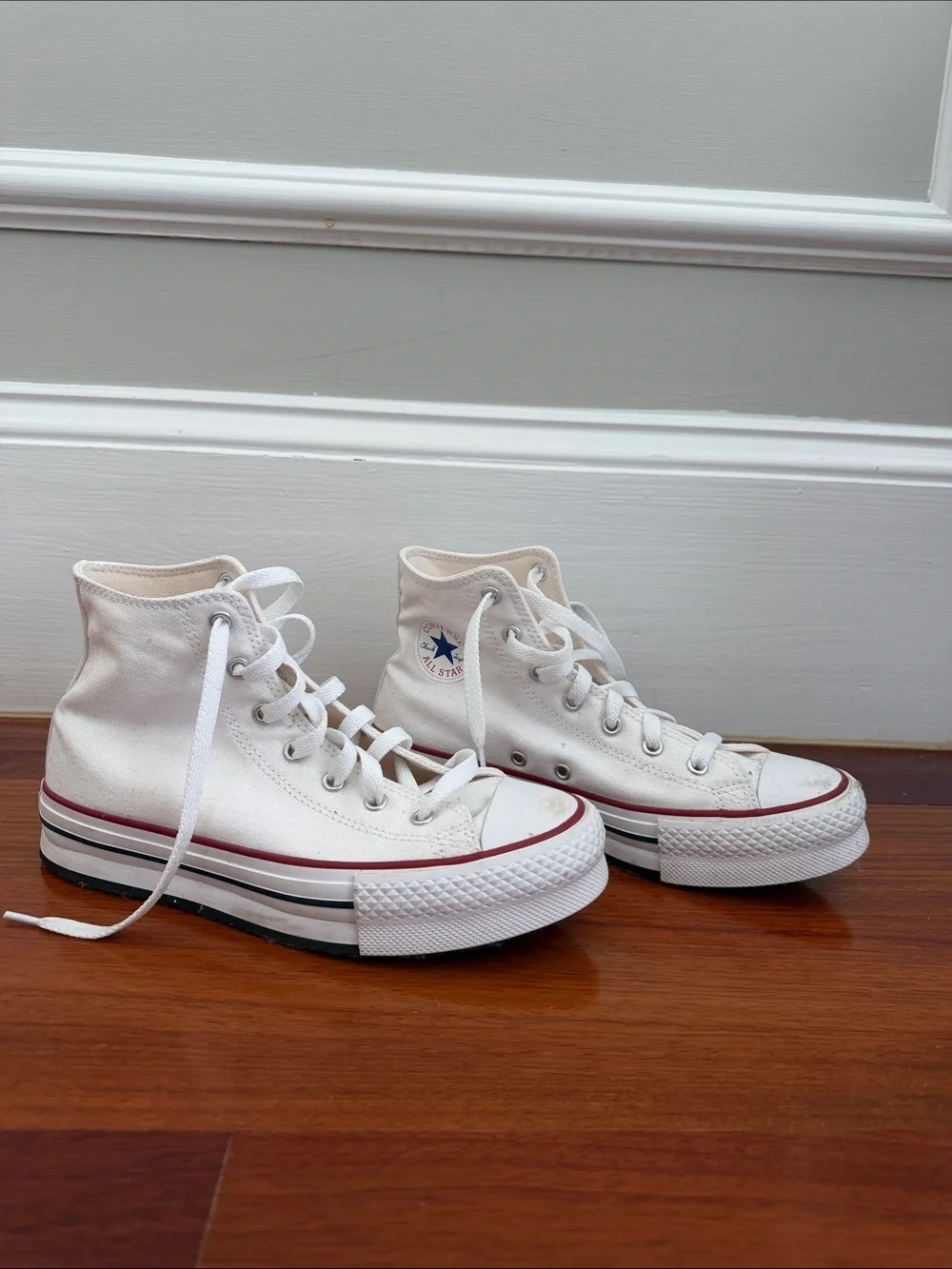 Converse High Top Sneakers in White with Red & Black Stripe - Picture 3 of 5